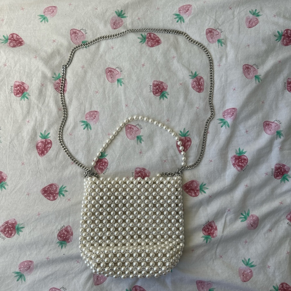 Zara Pearl-Embellished Crossbody Bag with Silver Chain